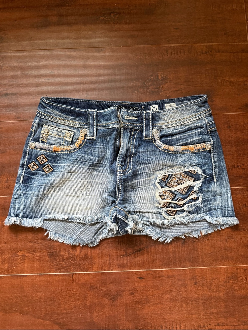 Miss Me Blue Embroidered Distressed Jean Shorts